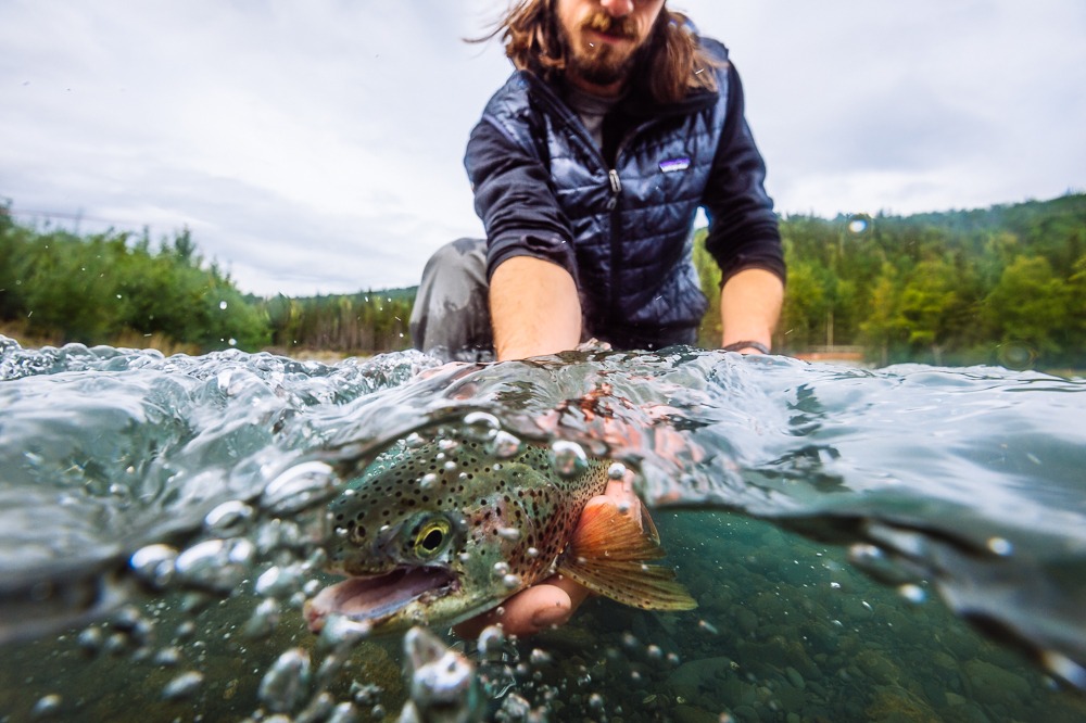fishing guide wading in a river fishing for rainbow trout
